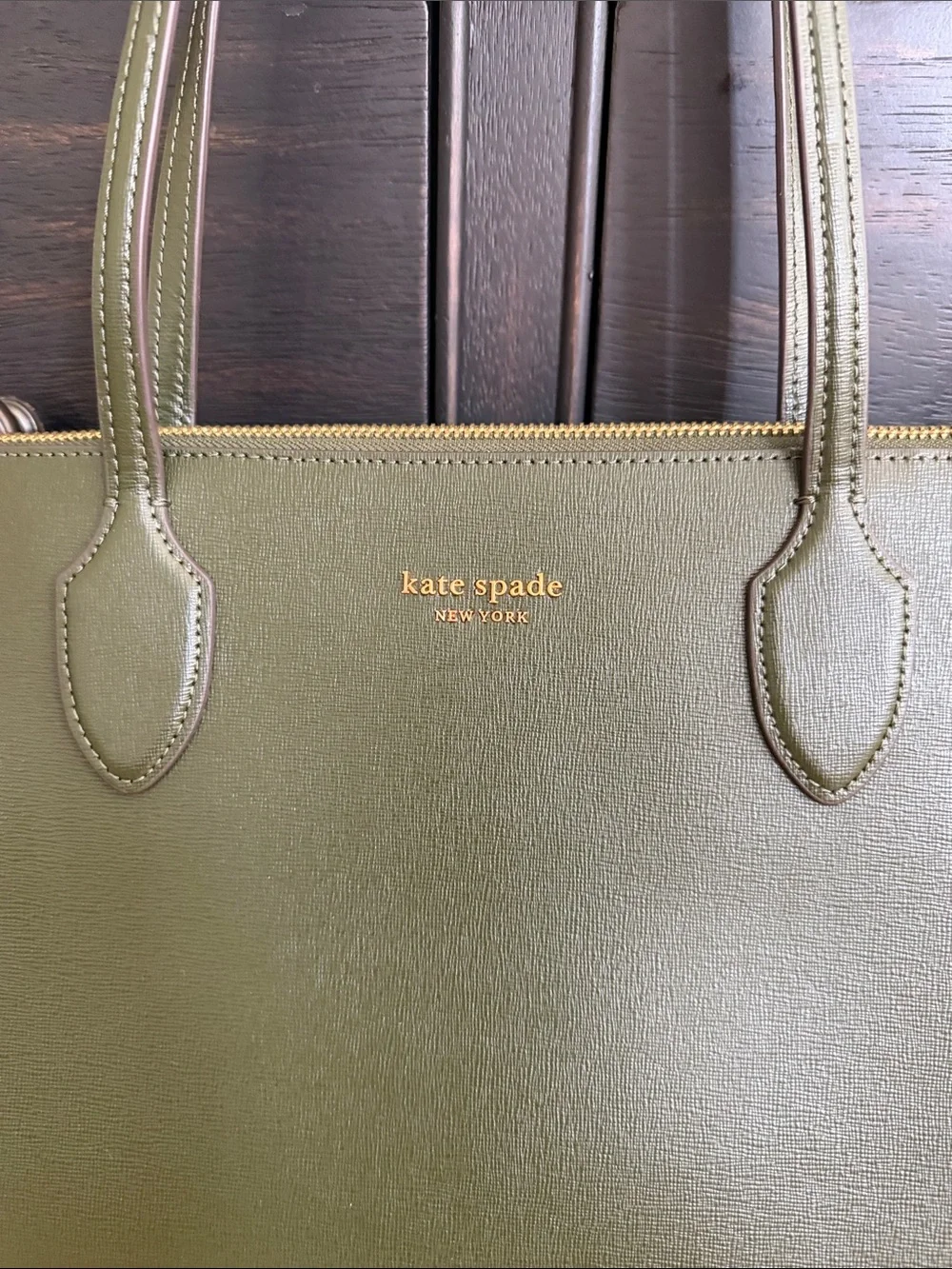 kate spade olive green Saffiano leather tote with gold logo